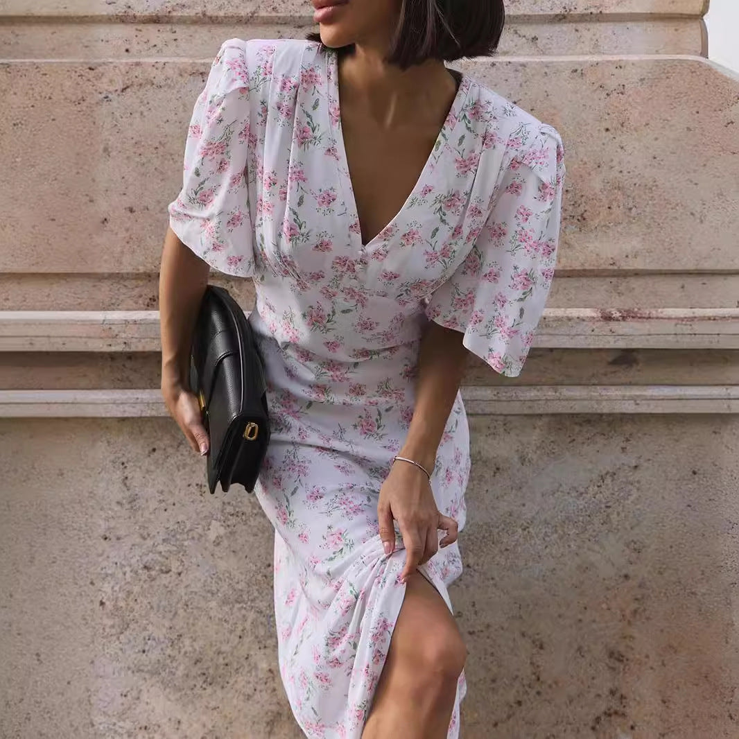 Summer New V-Neck Straight Shoulder High-Waisted Long Floral Print Dress