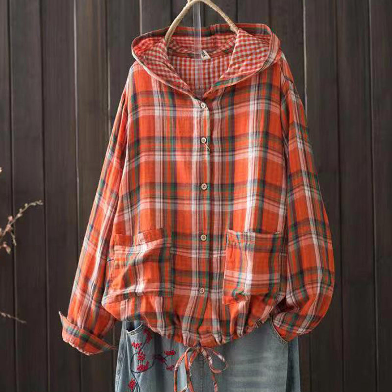 New Korean-style Oversized Artistic Retro Casual Plaid Cotton-linen Double-layer Shirt With A Hood
