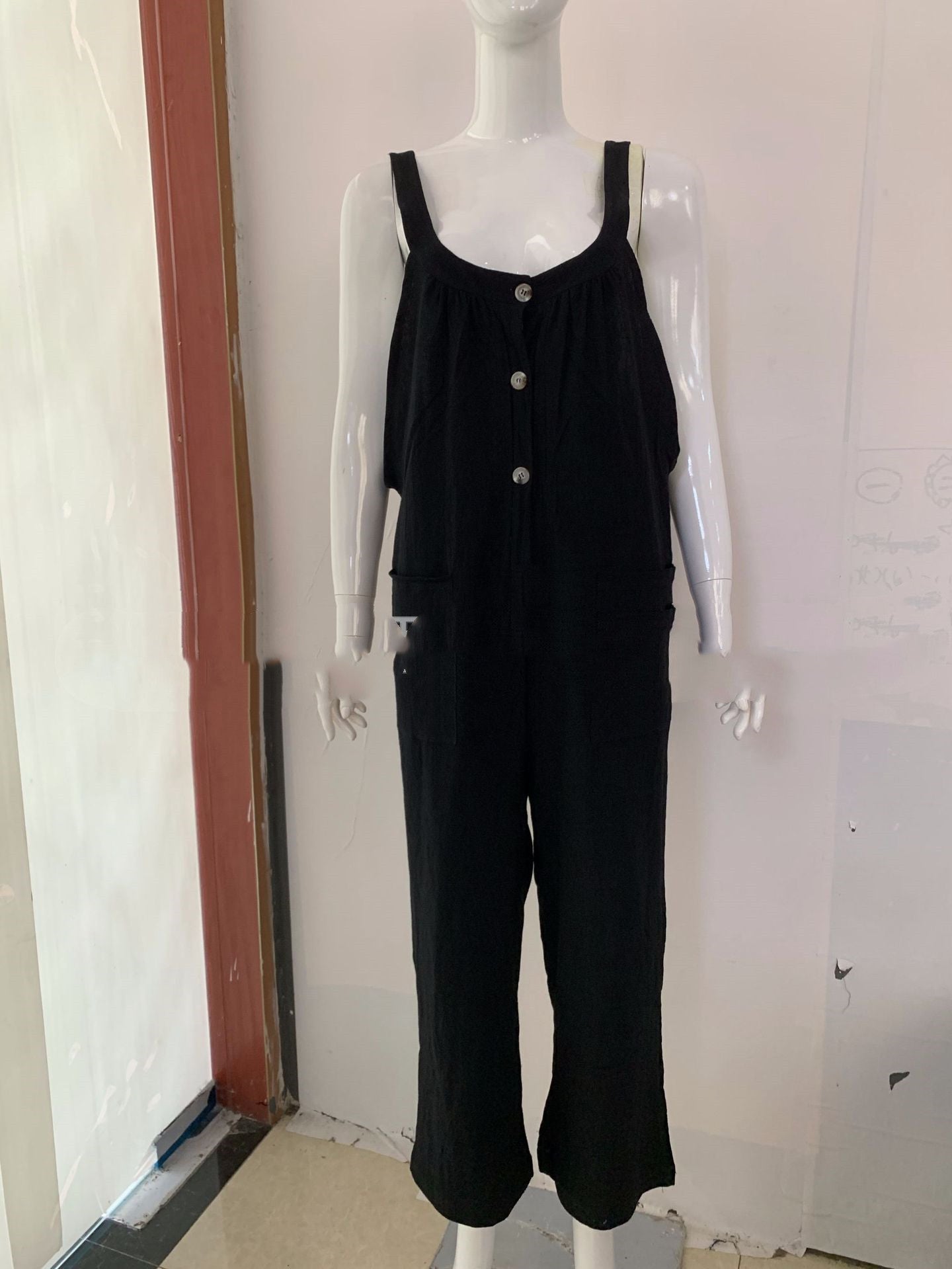 Pocket Solid Color Elastic Button Romper