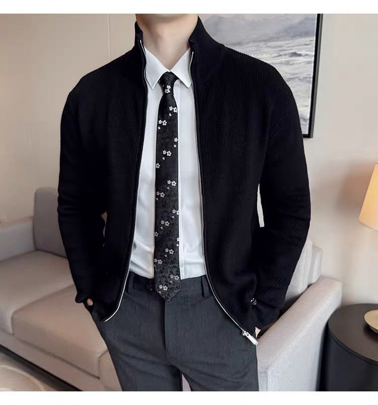 Cardigan Striped Thick Knitwear Autumn Winter Trend Slim Stand Collar Coat