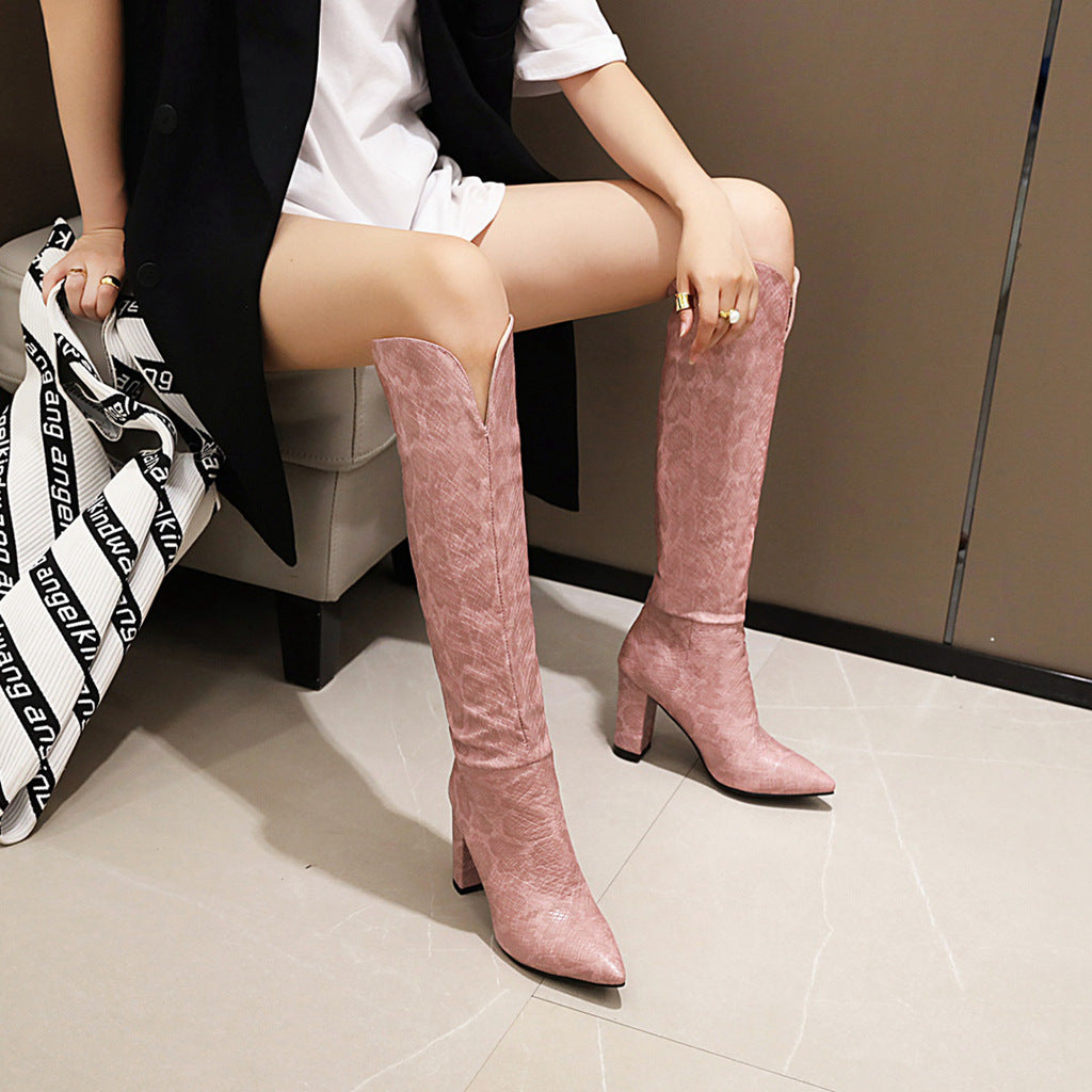 European And American Pointed Toe Thick Heel High Boots