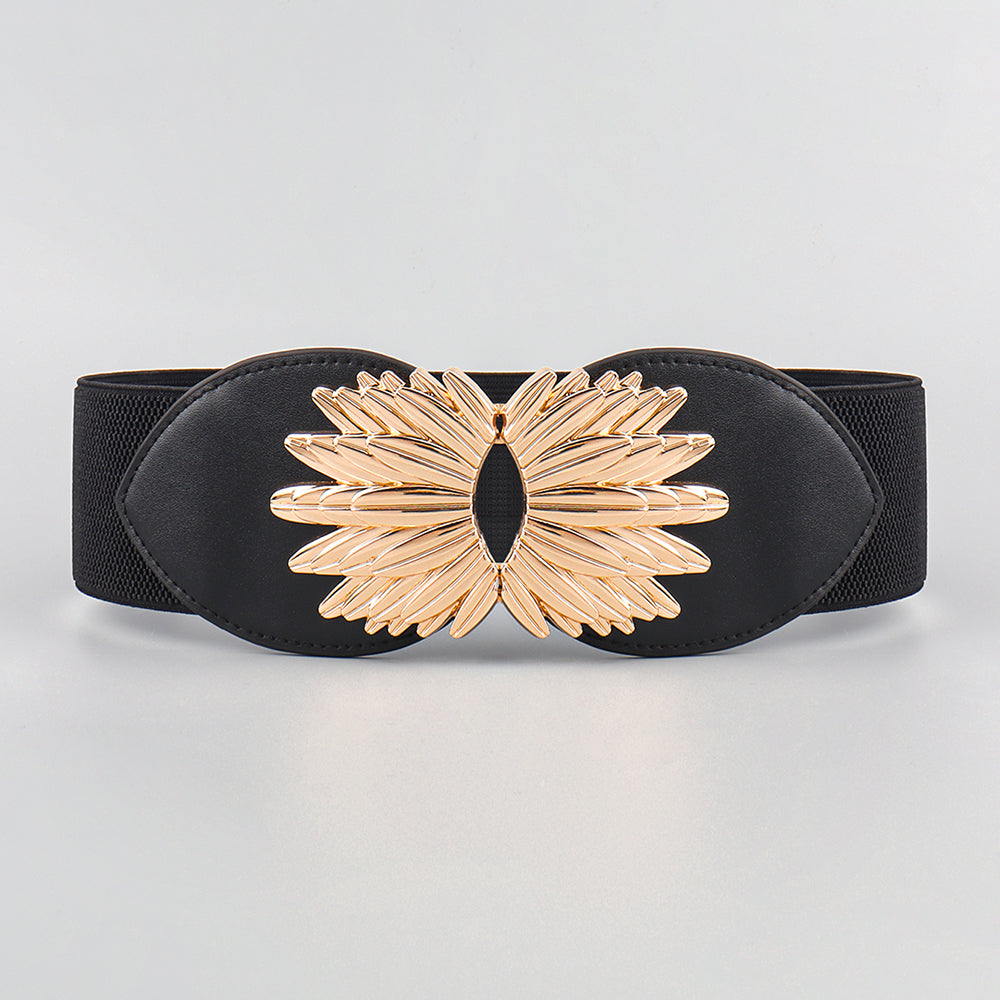 New Autumn Winter Black Elastic Waistband Sunflower Alloy Buckle Waist Cover All Match Slim Elegant Design Decorative Coat