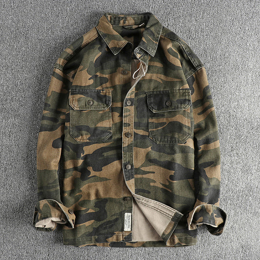 Washed Out Vintage Cotton Workwear Long-sleeved Shirt Coat