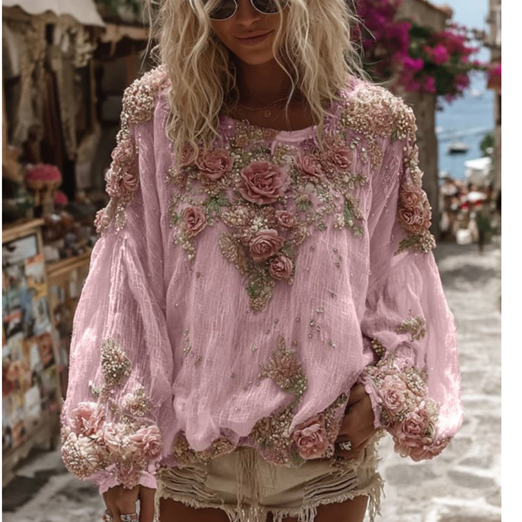 Women's 3D Printed Long-sleeved Shirt Loose All-match High-grade Top