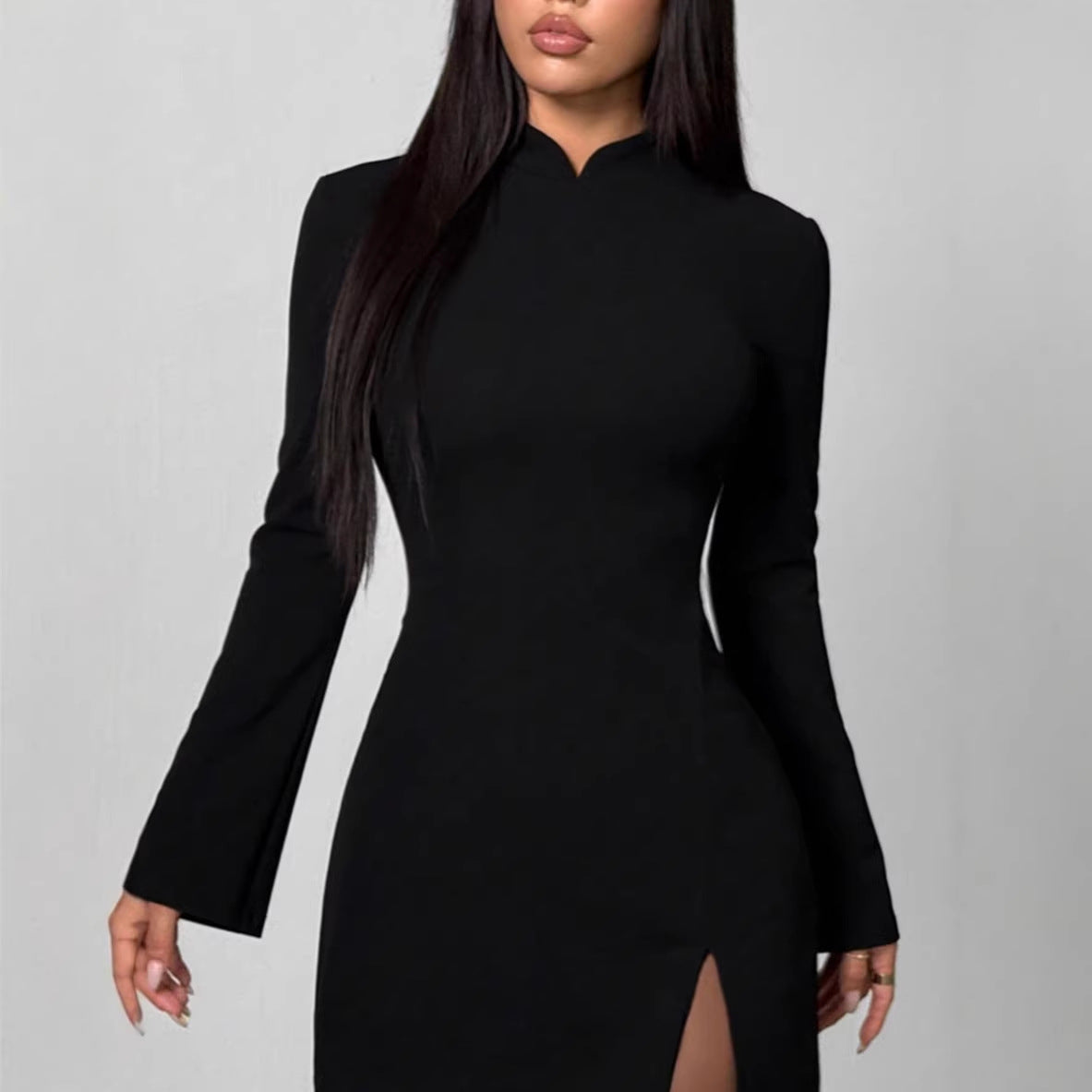 New Womens Solid-Colored Flared Long-Sleeve Dress