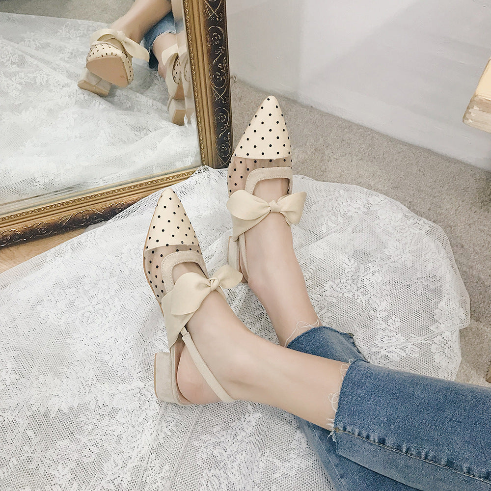 Pointed Thick Heel Net Yarn Fairy Gentle Single Shoes