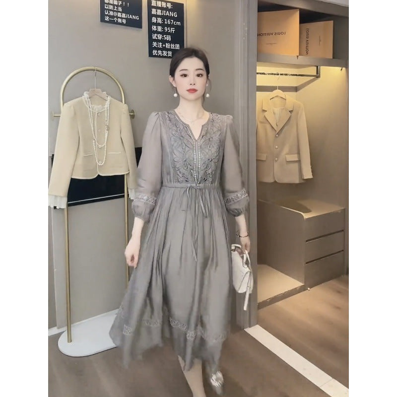 Lantern Sleeve Midskirt Embroidered Dress Summer