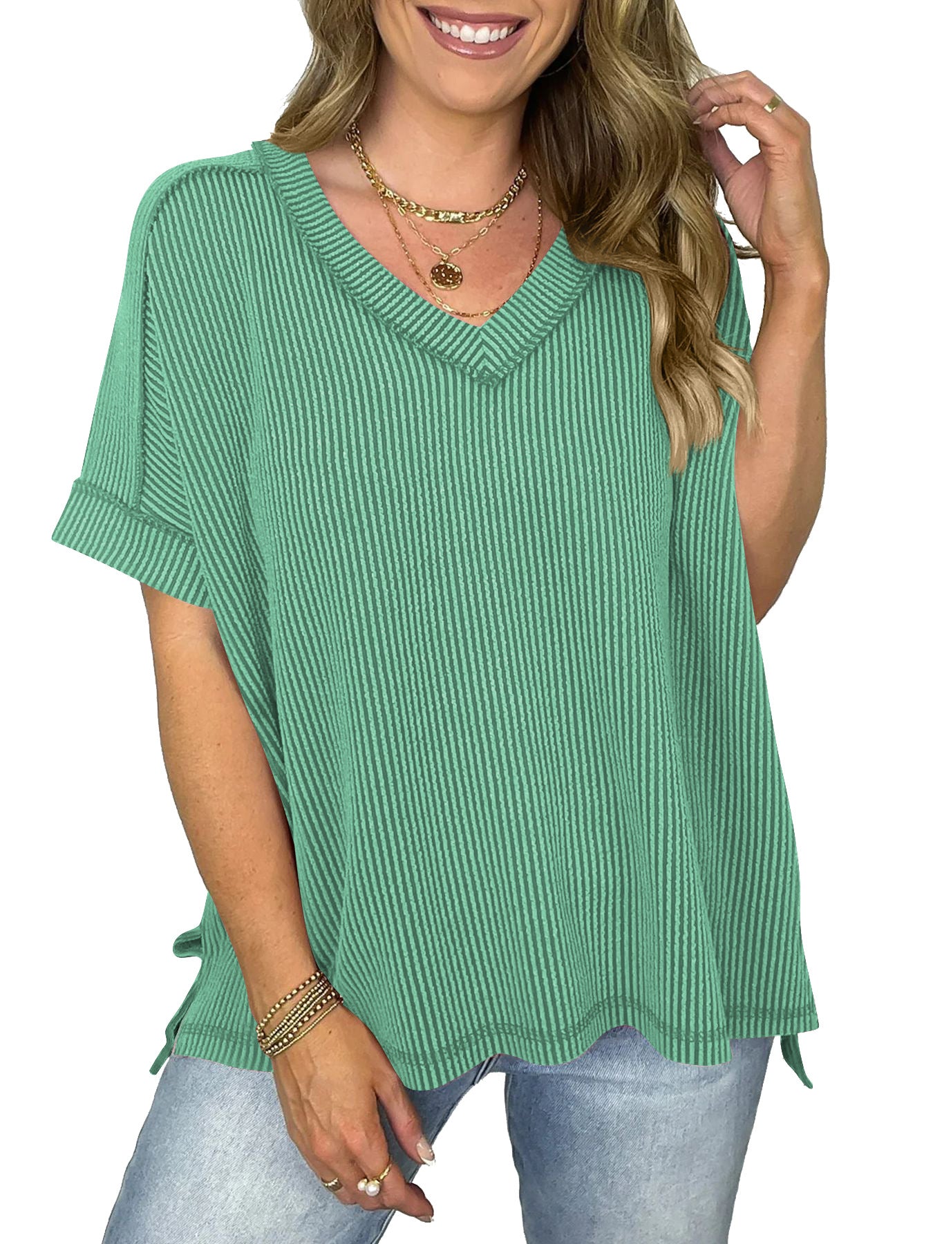 New Twist Strip V-neck Pullover T-shirt