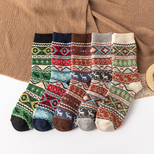Women's Mid Tube Stockings Diamond Lattice Flat Deer Ethnic Style