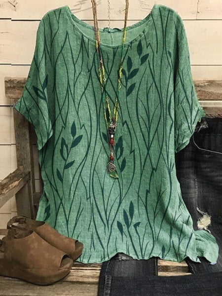 Women's Round Neck Printed Loose Cotton Linen T-shirt Top