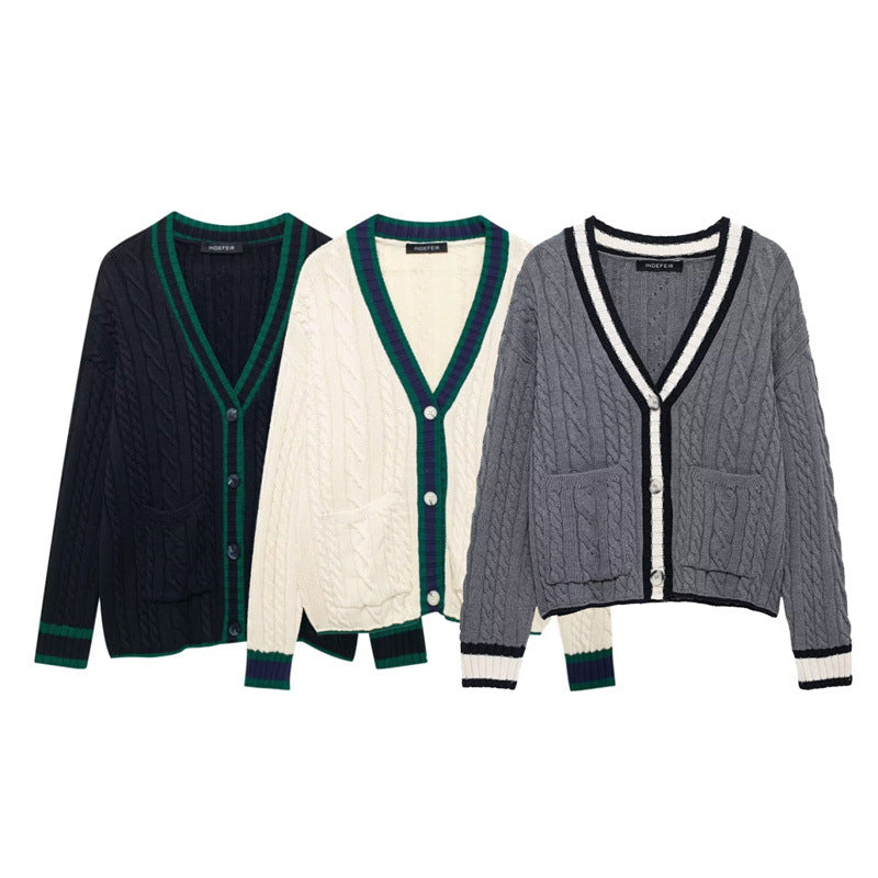 Women's Fashion Color Contrast V-neck Twisted Flower Cardigan Knitted Coat