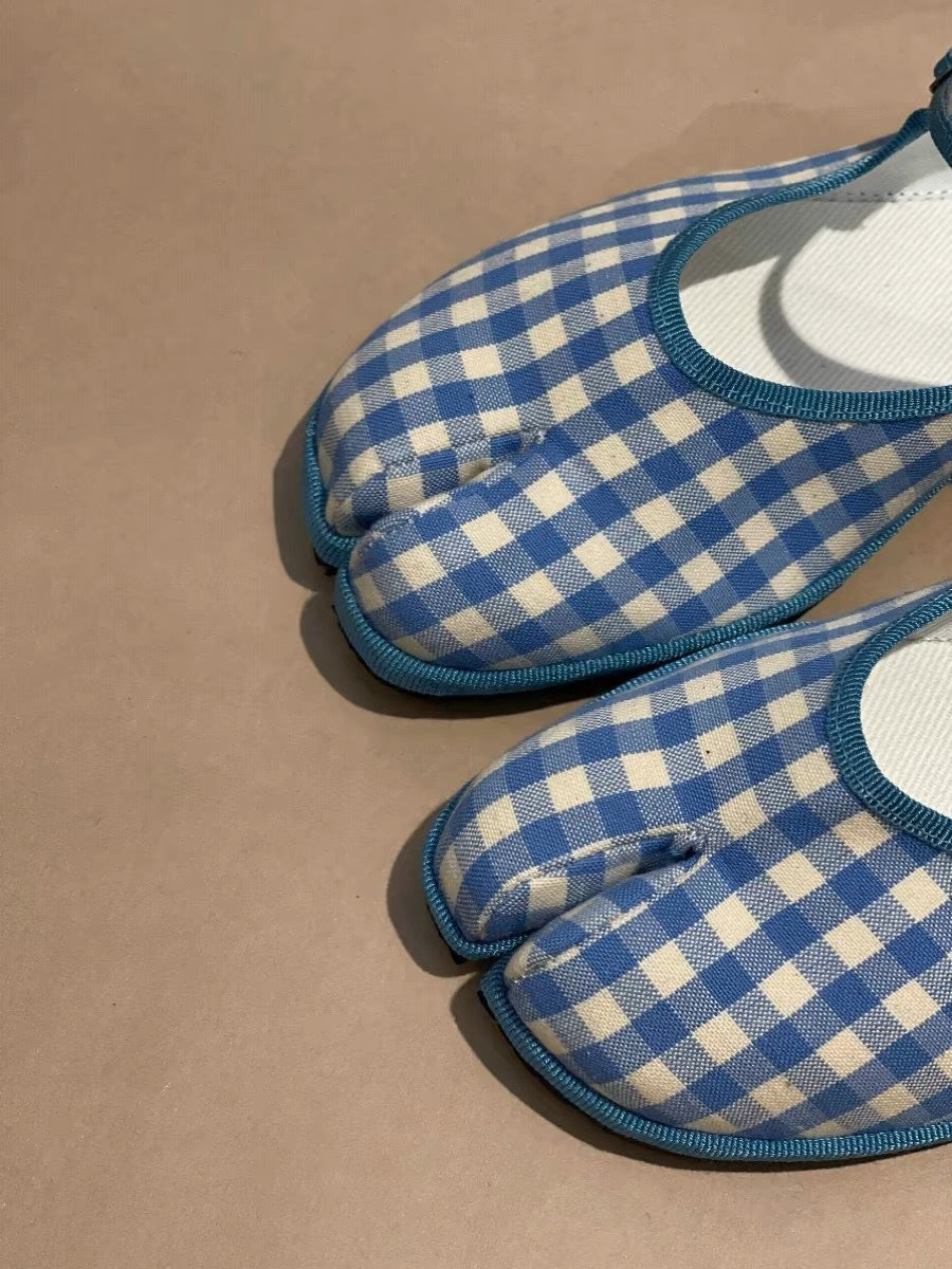 Korean Style Plaid Split Toe Ballet Flat Bottom Pumps