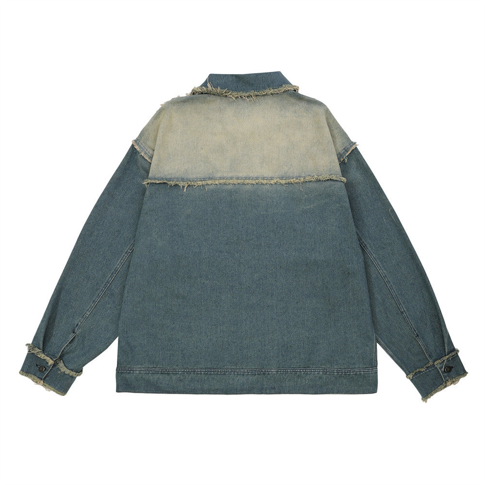 Guochao High Street Contrast Color Monkey Wash Denim Jacket