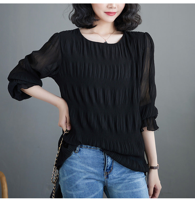Pleated Bell Sleeve Chiffon Shirt Loose Long Sleeve Top
