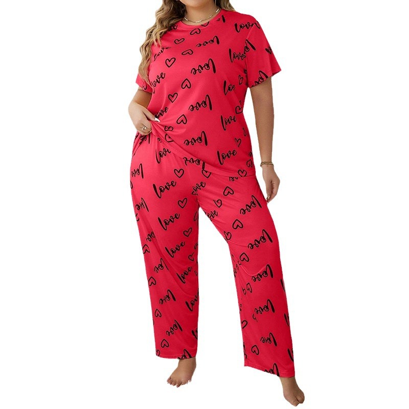 Women's Plus-sized Heart Printing Round Neck Short-sleeved Trousers Pajamas Suit