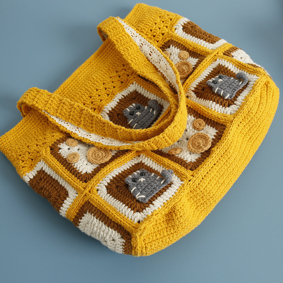 Kitten Handmade Wool Crocheted Square Shoulder Bag