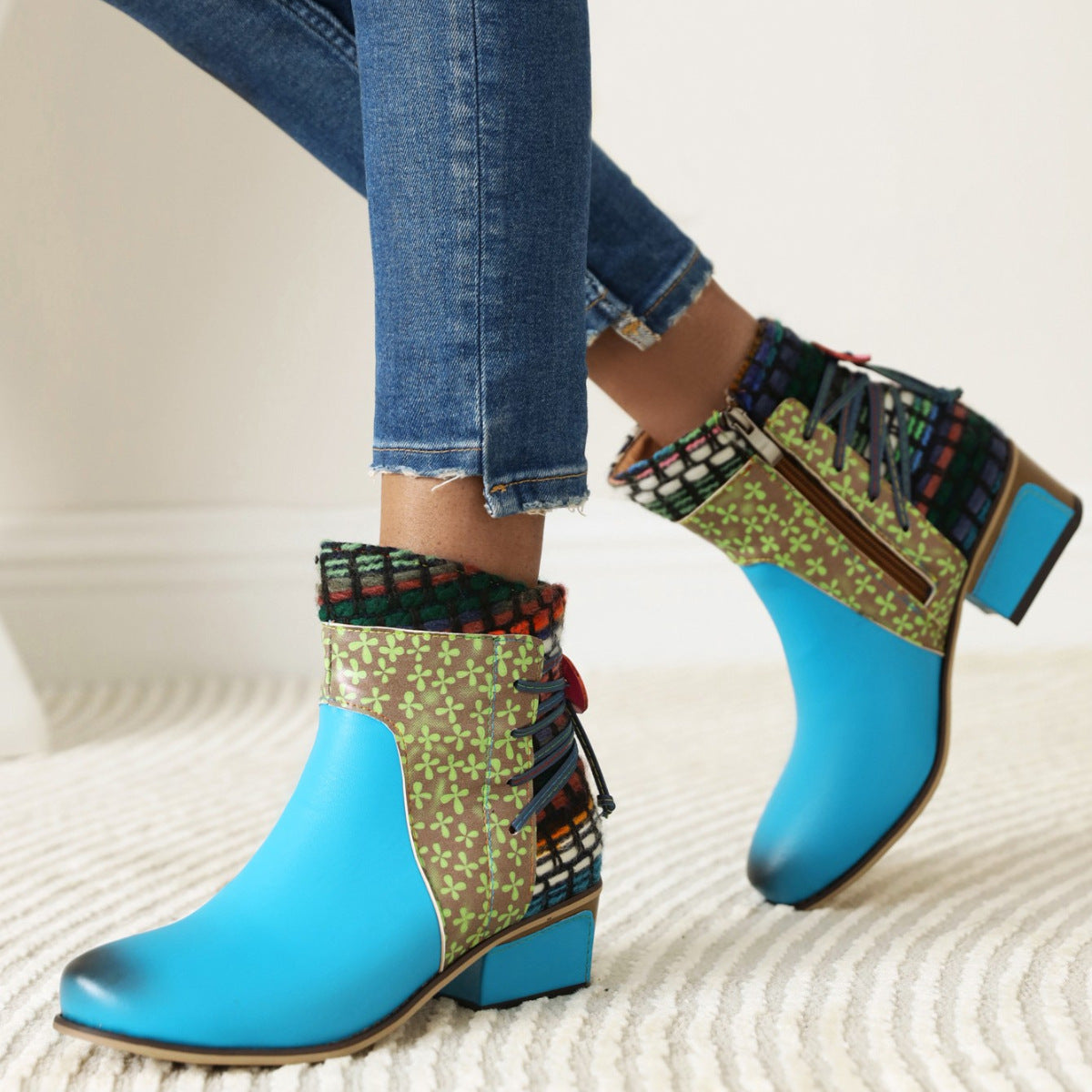 Mid-heel Round Toe 40-43 Side Zipper Low Tube Color Matching Women's Boots