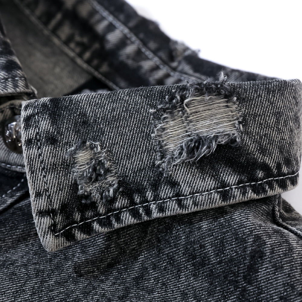 Washed And Worn Worn Hole Denim Shirt Jacket