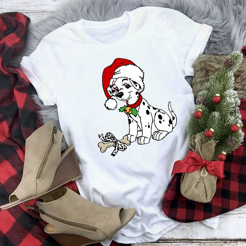 Christmas Lady Cute Dog Printed Short-sleeved Top Casual