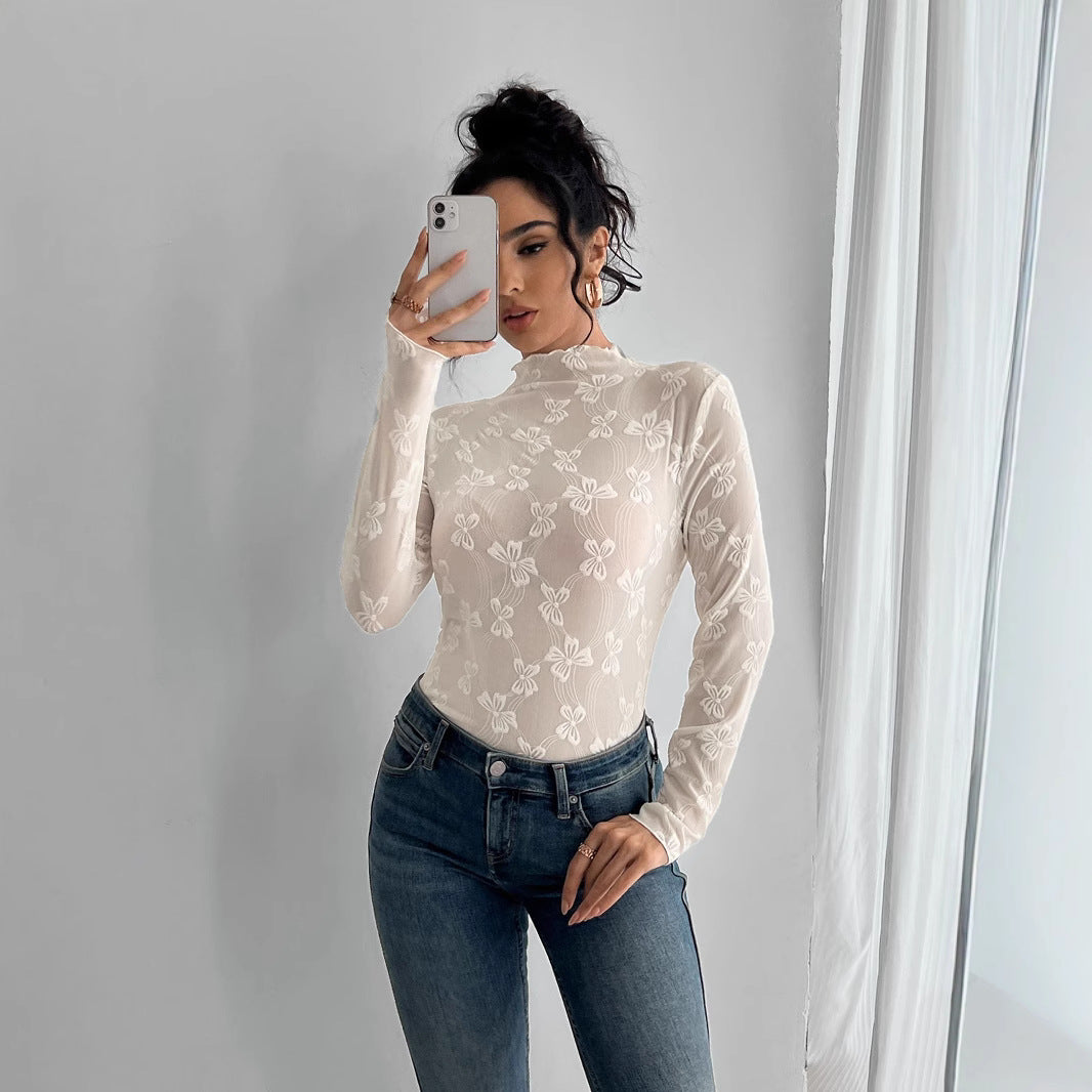 Sommerfugl Jacquard Mesh Slim Fit Ståkrave Langærmet