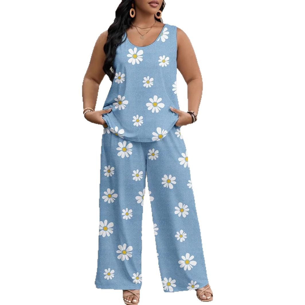 Fashion Casual Printed Sleeveless Wide-leg Pants Set