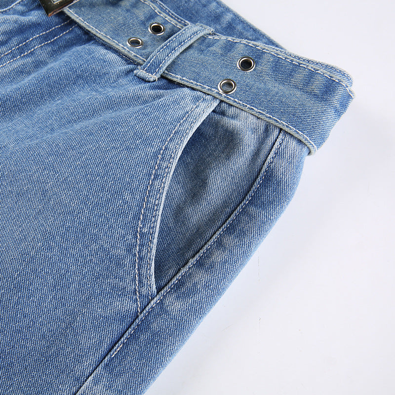 Vintage Mid Rise Belt Drawstring Straight Casual Pants
