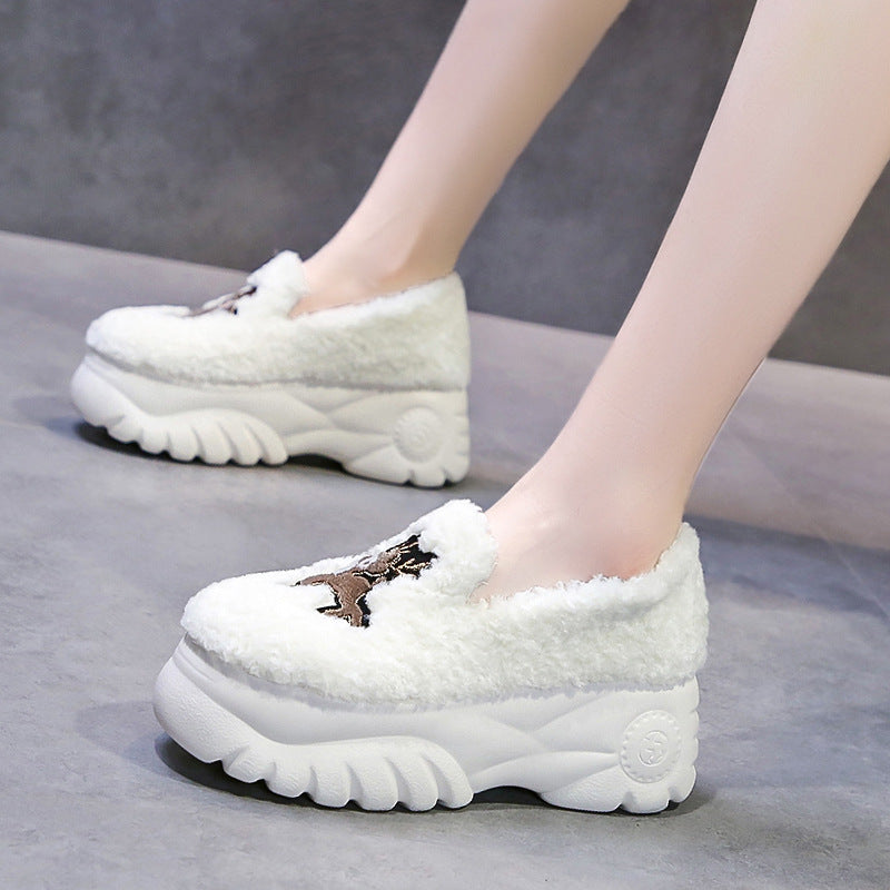Winter Plus Velvet Inner-increasing Mid-heel Platform Women's Peas Shoes