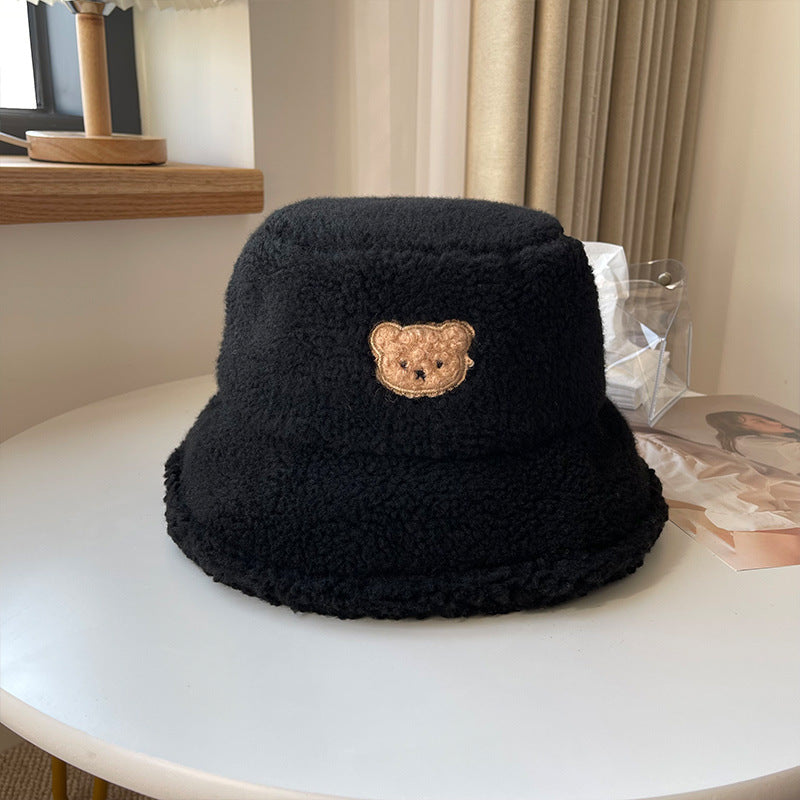 Cute Bear Lamb Hair Fisherman Corduroy Warm Basin Hat