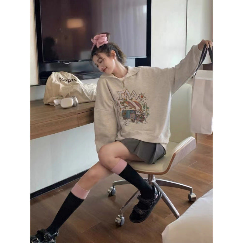 Halv Lynlås Sweater Løs og Afslappet Polo Krave Top