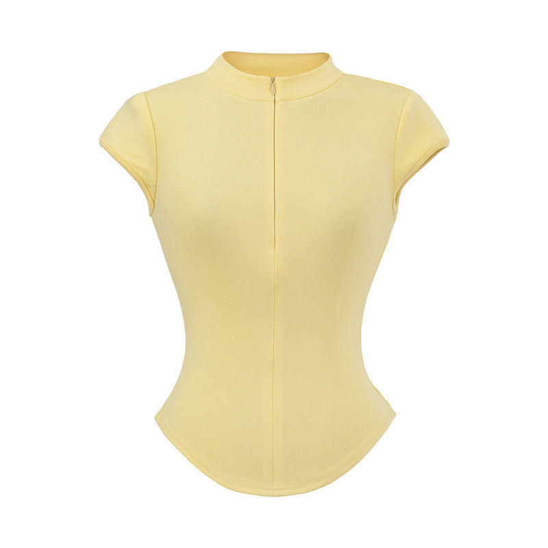Round Neck Zipper Short Sleeved T-shirt