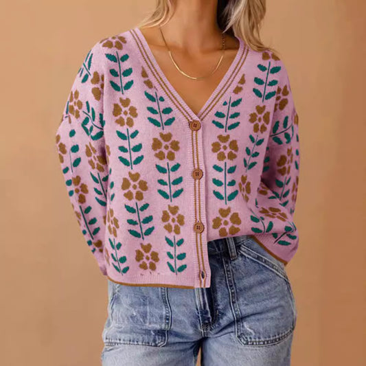 European And American Ladies Single-breasted Long Sleeve Flower Sweater