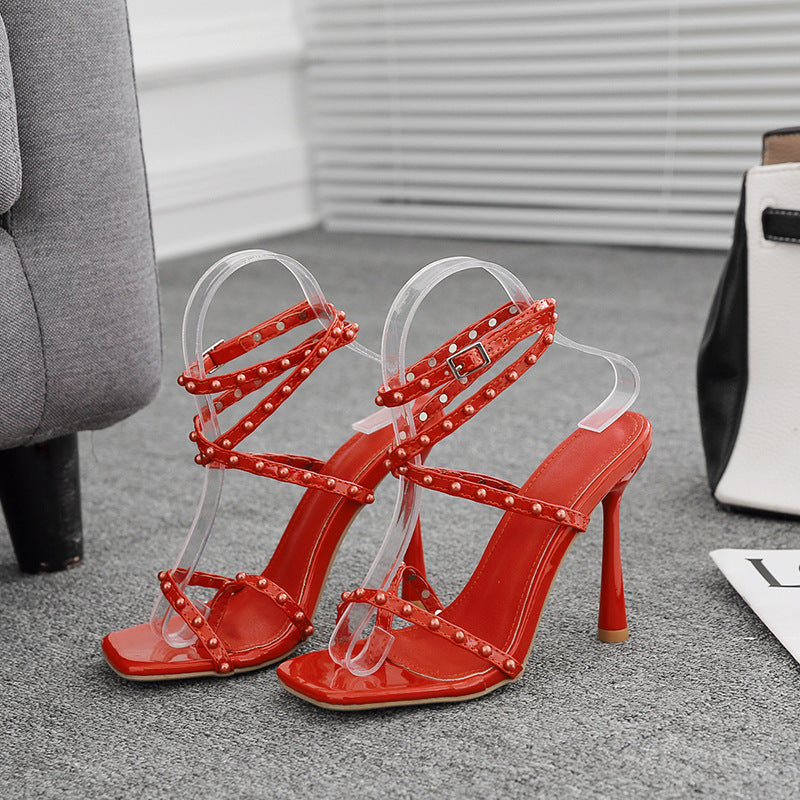 Women's Cross Strap Slip-on Square Toe Spray Paint Stiletto High Heel Sandals