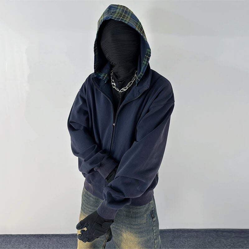 Plaid Patchwork Hoodie Men's Short Cleanfit Coat