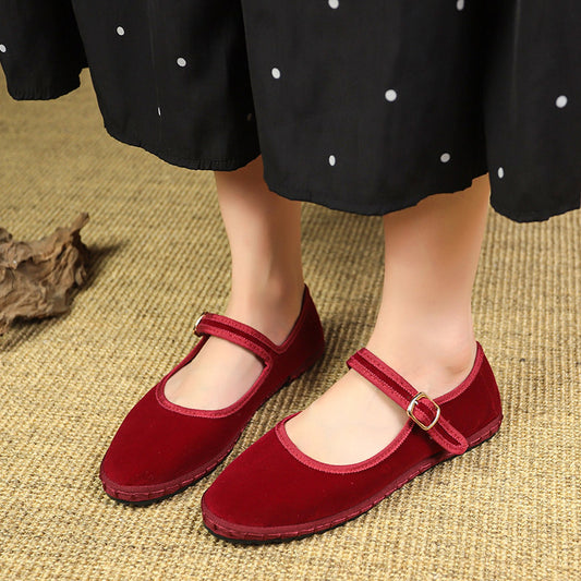Retro Flat Bottom Suede Pumps Red Gentle