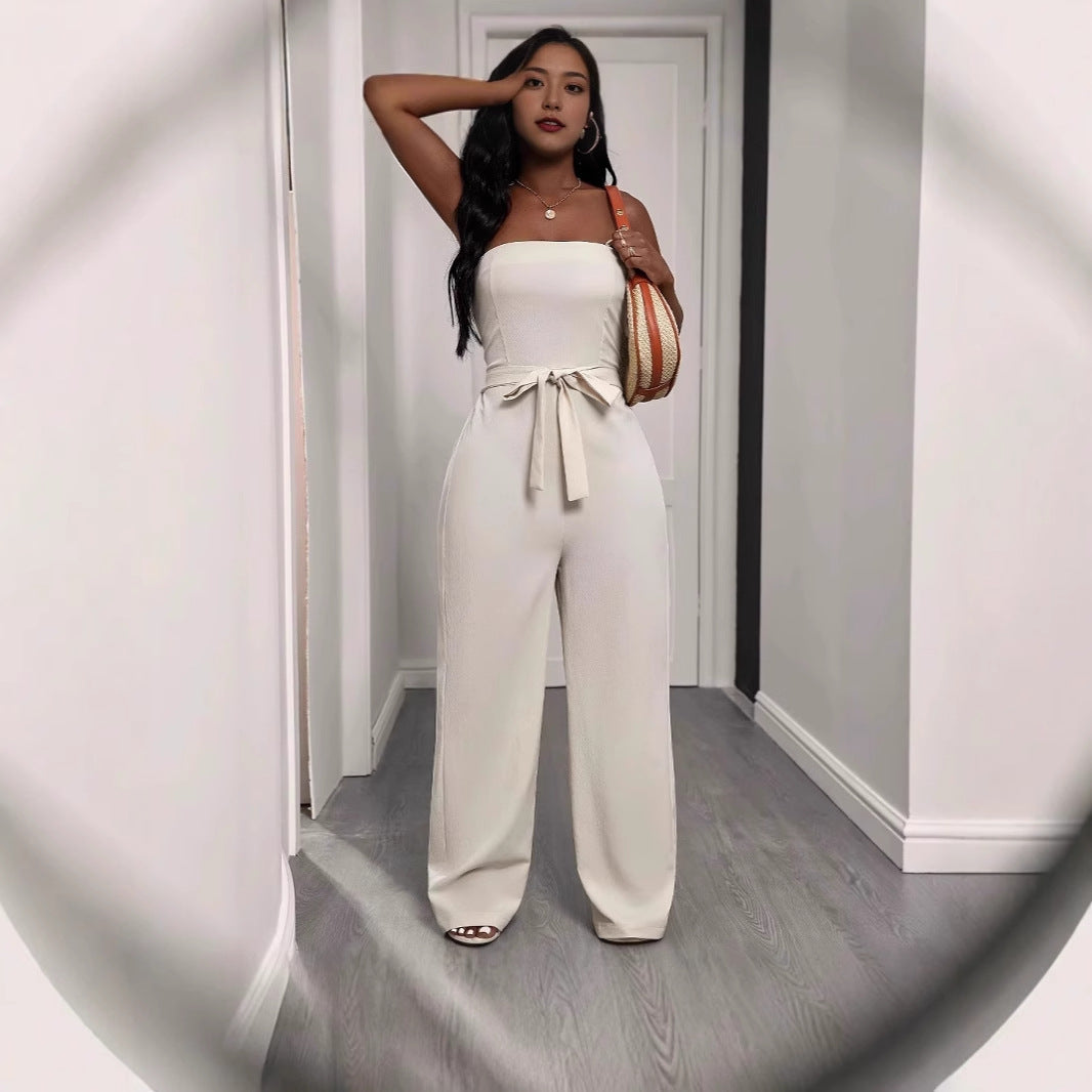Womens Solid-Color Strapless Long Jumpsuit