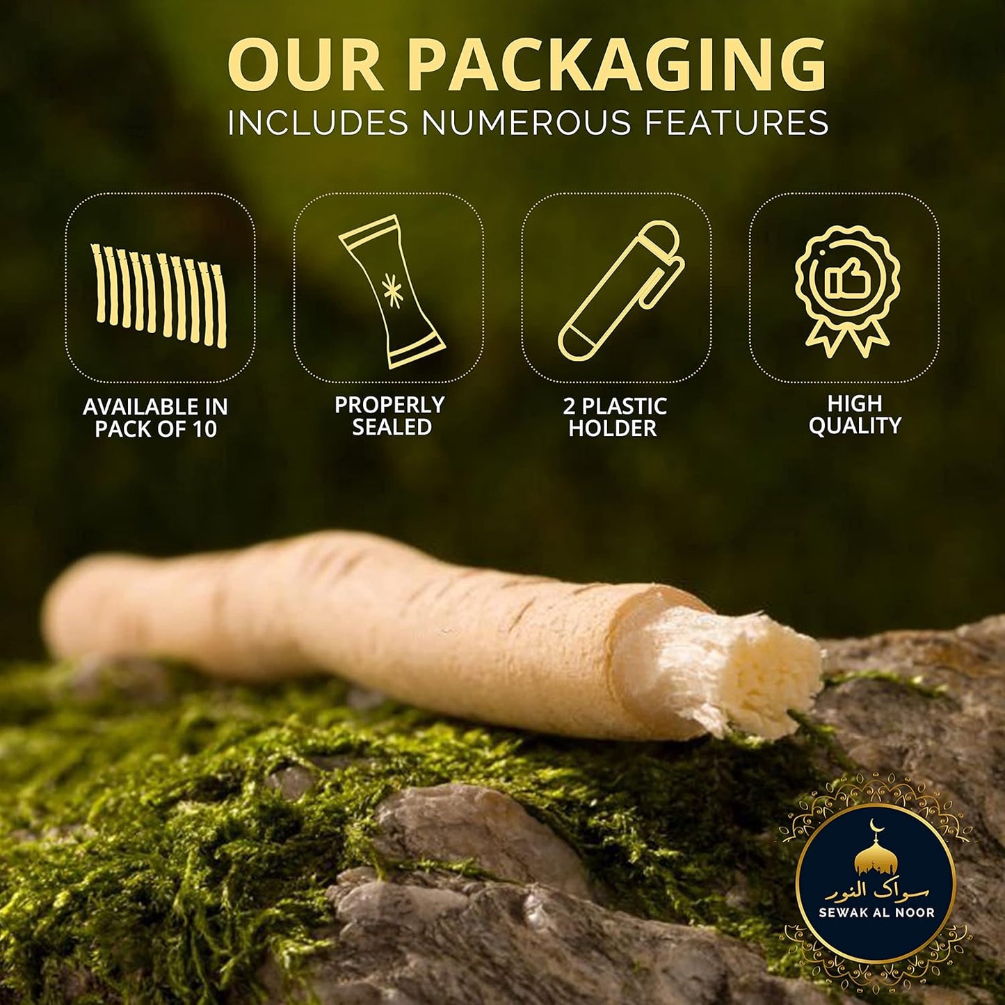 Pack of 10 Miswak Sticks for Teeth with Holder - Vacuum Sealed Natural Flavored Chew Sticks for Humans - Natural Toothbrush for Teeth Whitening, Oral Health & Fresh Breath || Pack of 10