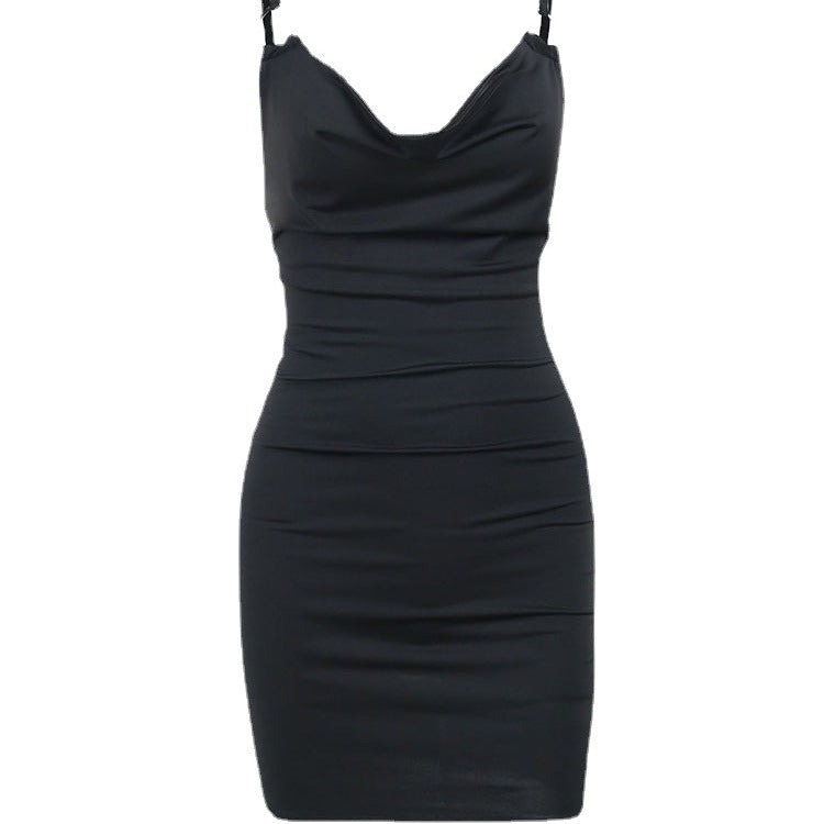 Womens Sexy V-Neck Buckle Milk Silk Slip Bodycon Dress