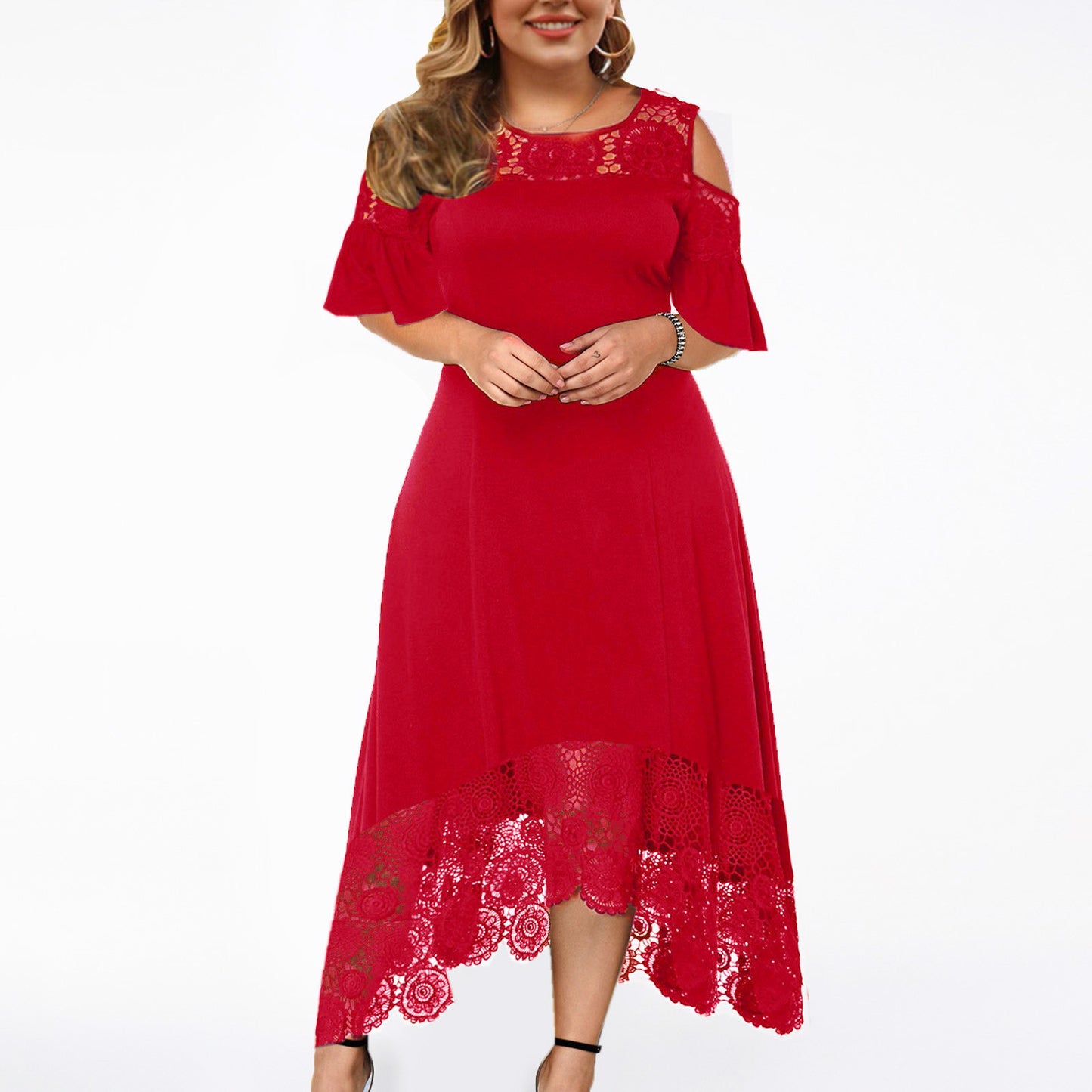 Solid-color Lace High-waist Crew-neck Wrap Dress