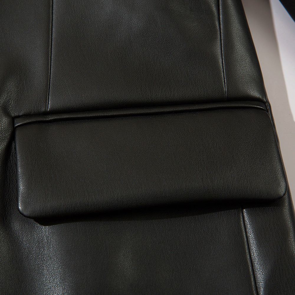 Double Breasted Suit Collar PU Leather Coat