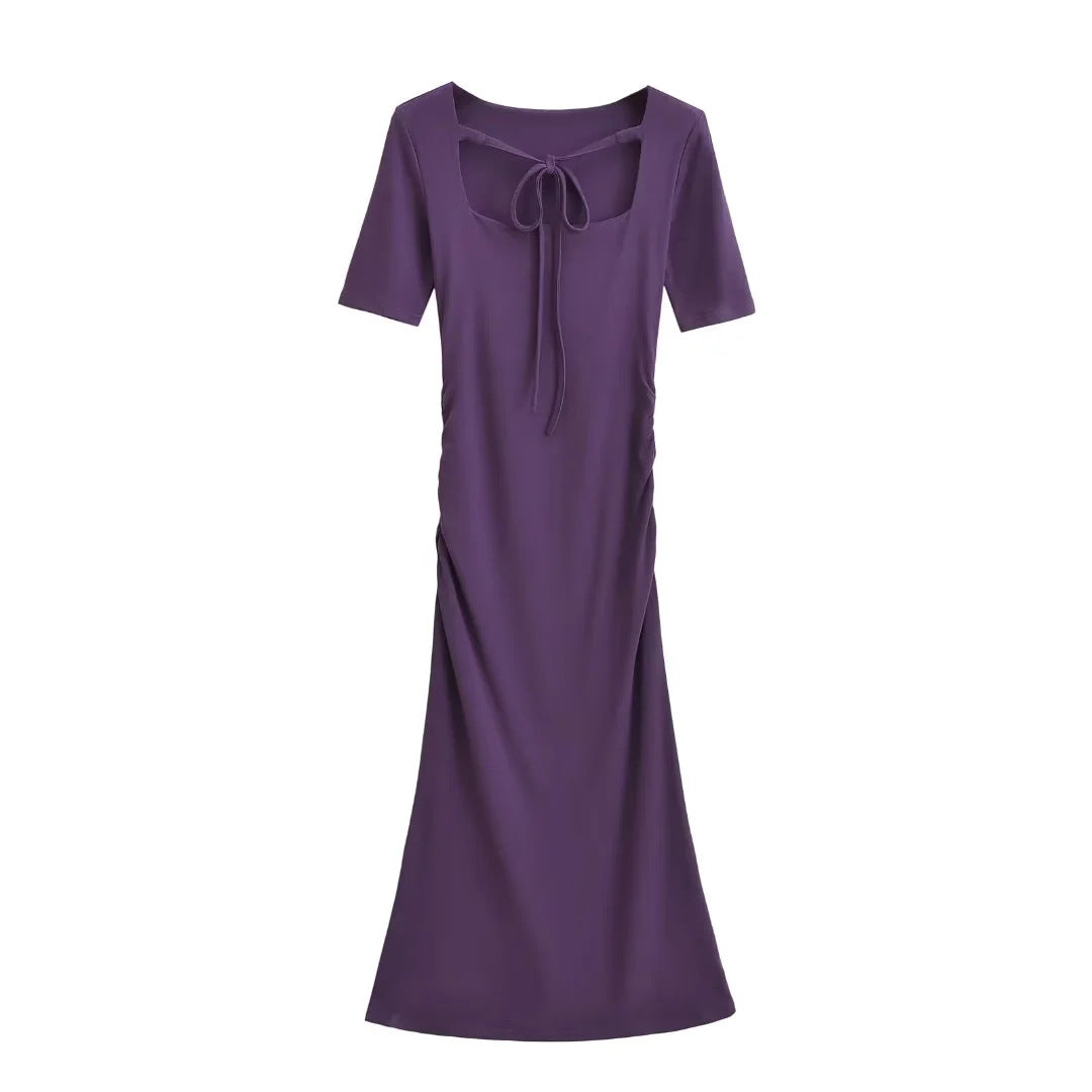 Square Neck Tie-waist Pleated Short Sleeve Dress