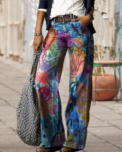 Plus Size Women's Artistic Floral Pattern Pants