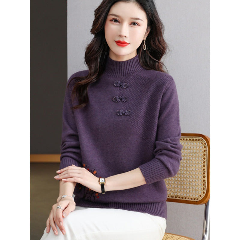 Chinese Style Half Turtleneck Bottoming Shirt Middle-aged Mom Sweater Chinese Knot Button Top