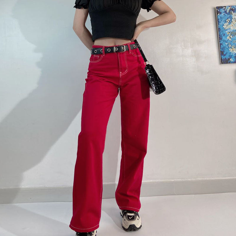 New Solid Color Retro American Street High Waist Straight Casual Pants