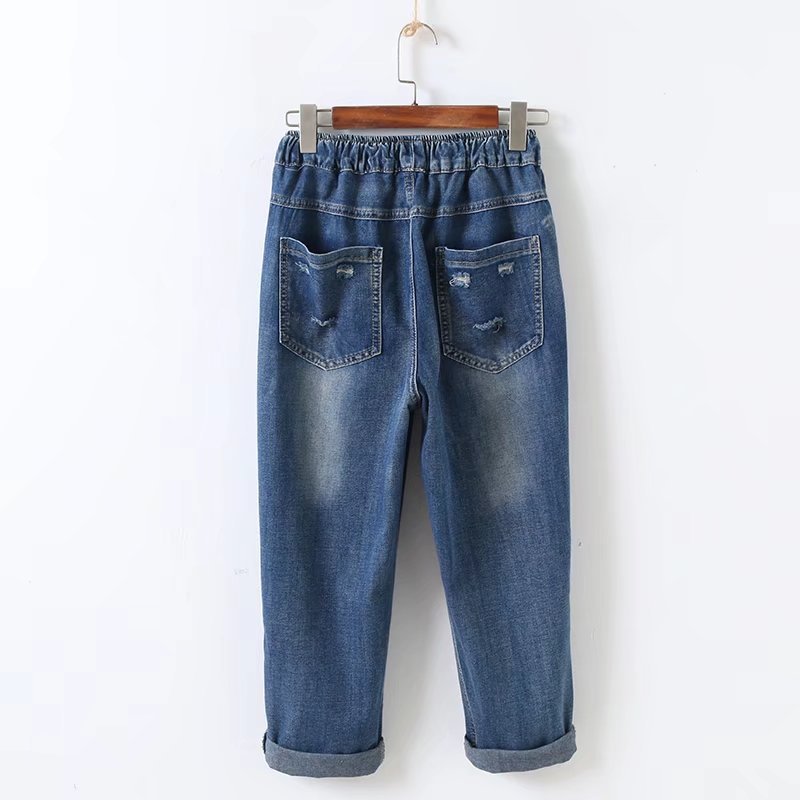 Embroidery Loose All-matching Elastic Waistband Hole Cropped Jeans