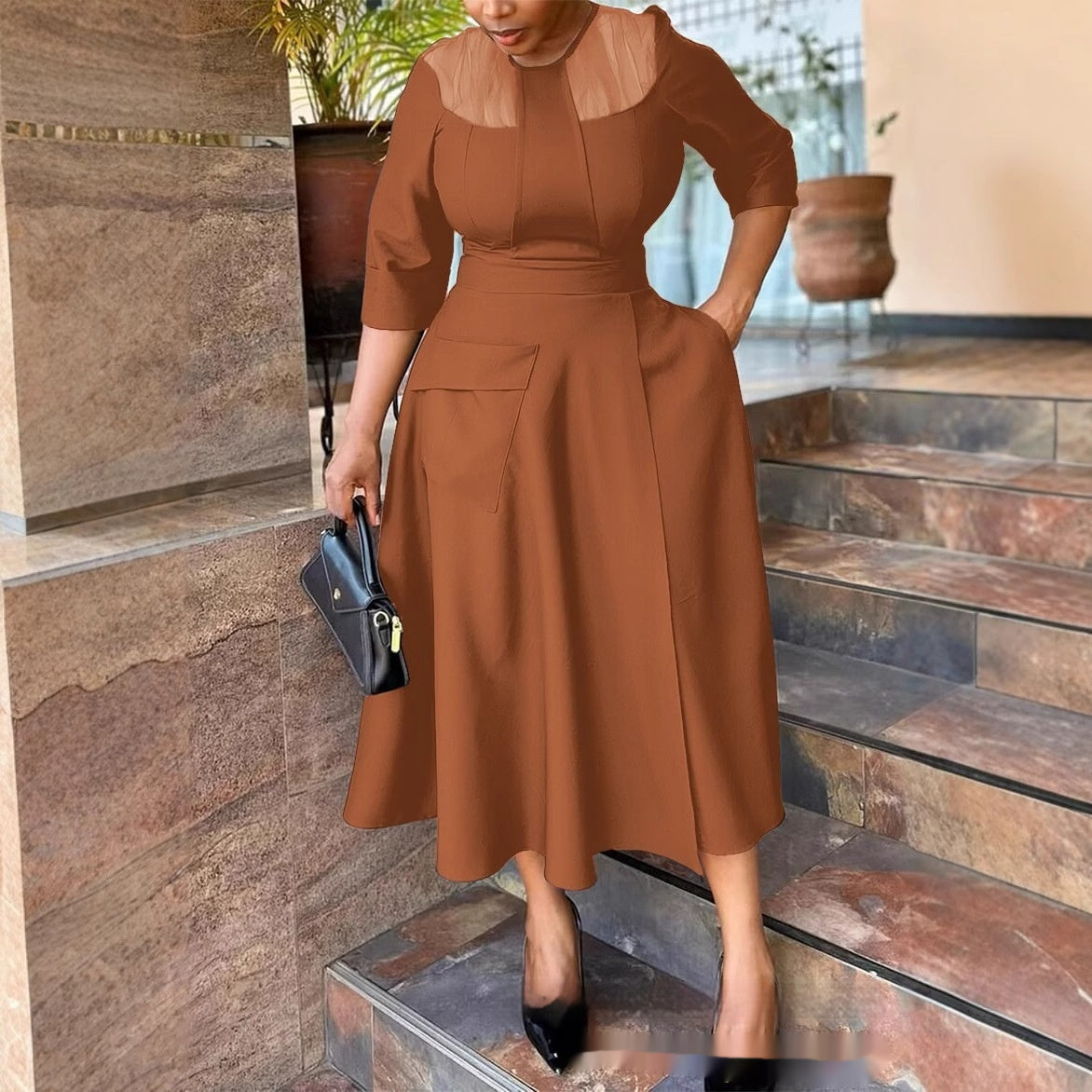 Womens Waist-Cinching Full-Skirted Solid-Color Dress