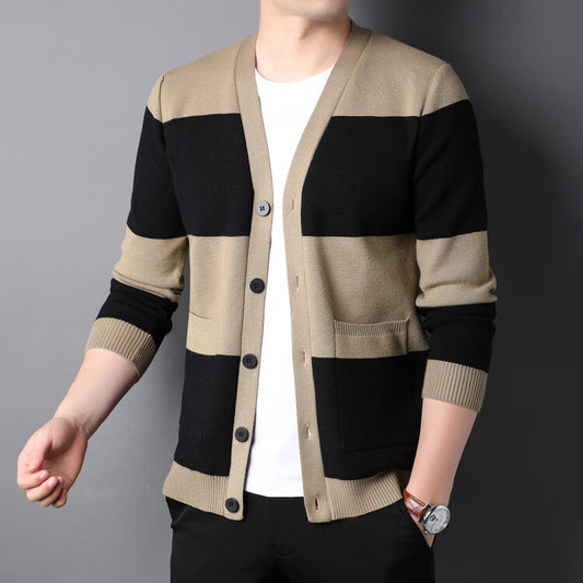 Spring And Autumn New Men's Striped Cardigan Single-breasted Long Sleeve Color Matching Casual Sweater Coat