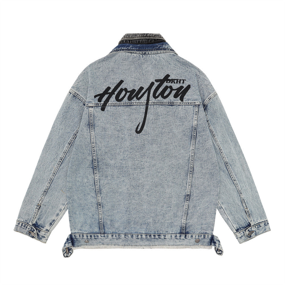 Spring And Autumn Stitching Contrast Color Washing Loose All-match Pu Handsome Denim Jacket