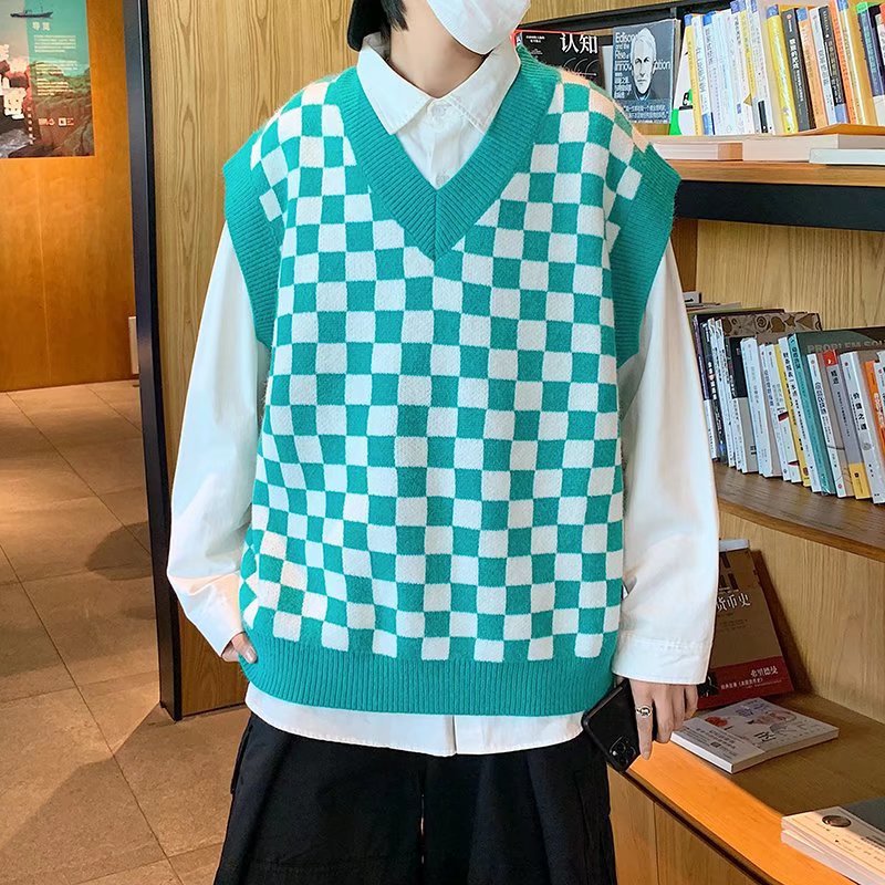 V-Neck Couple Vest Chessboard Knit Coat