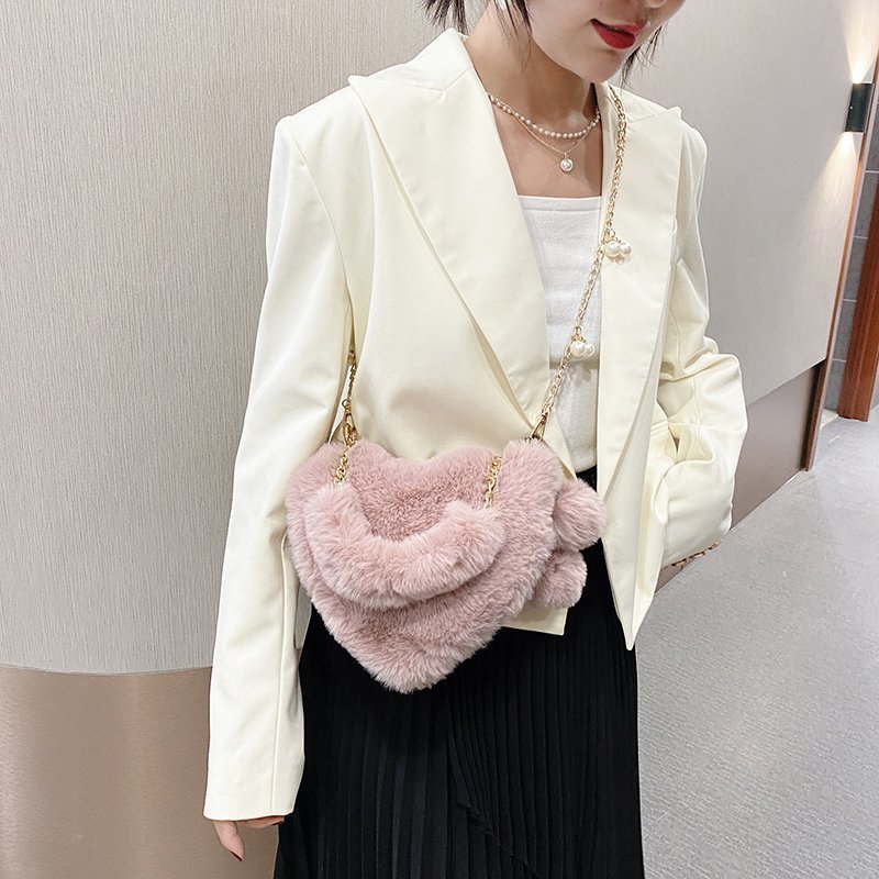 Women's Fashion Love Imitation Rex Rabbit Plush One-shoulder Crossbody Bag