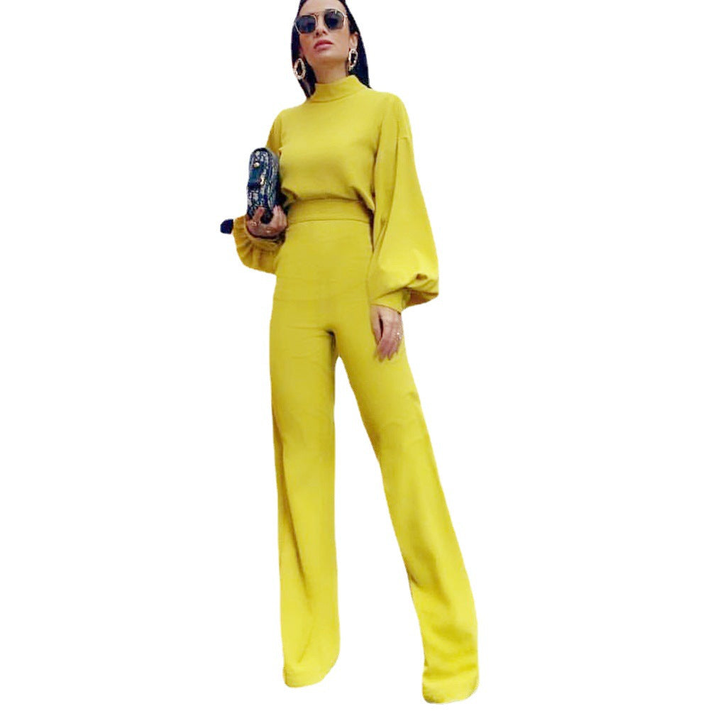 Women's Casual Pants Solid Color Turtleneck Backless Long Sleeve Jumpsuit
